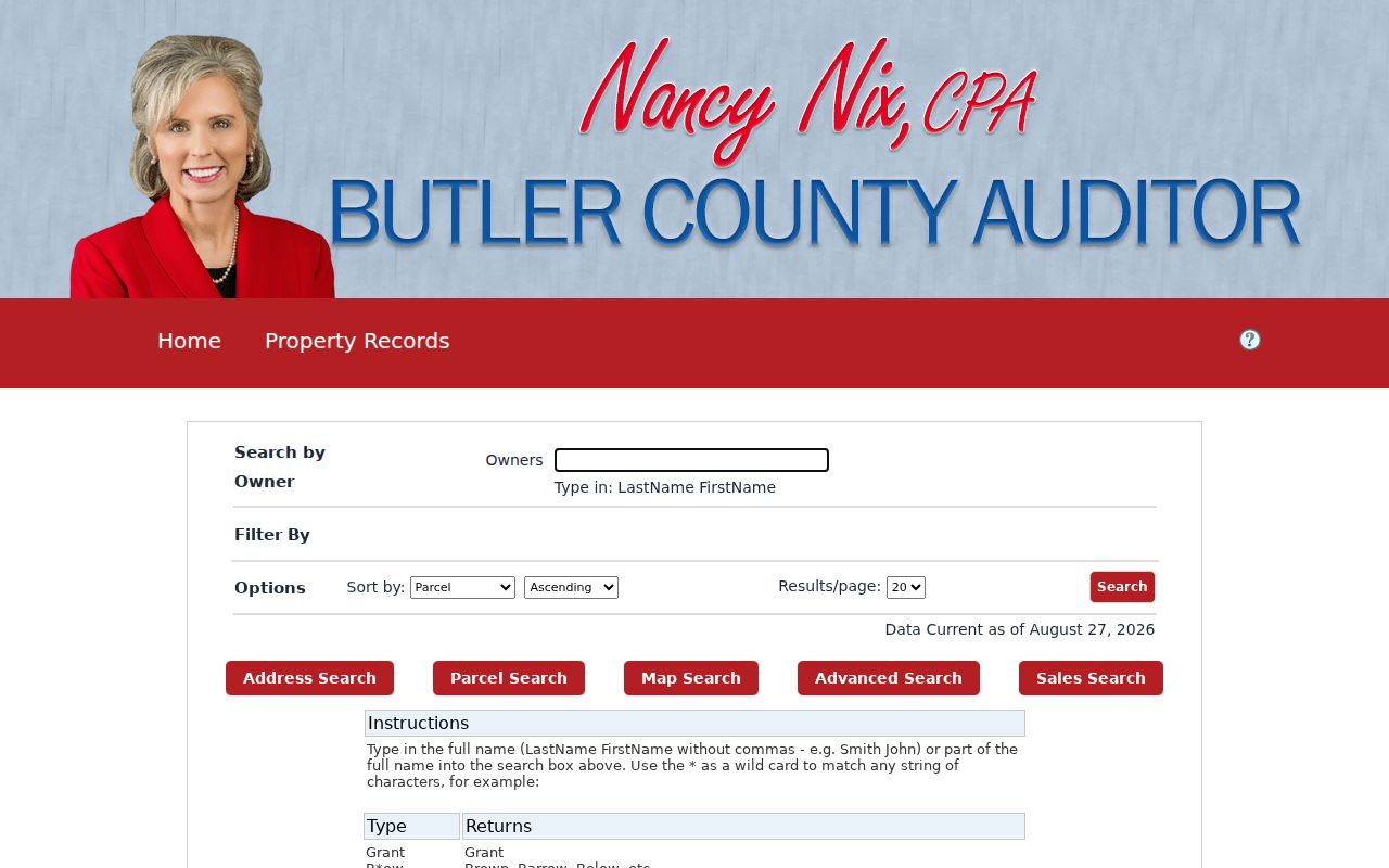 Butler County Auditor owner-name search screen for Fairfield property records