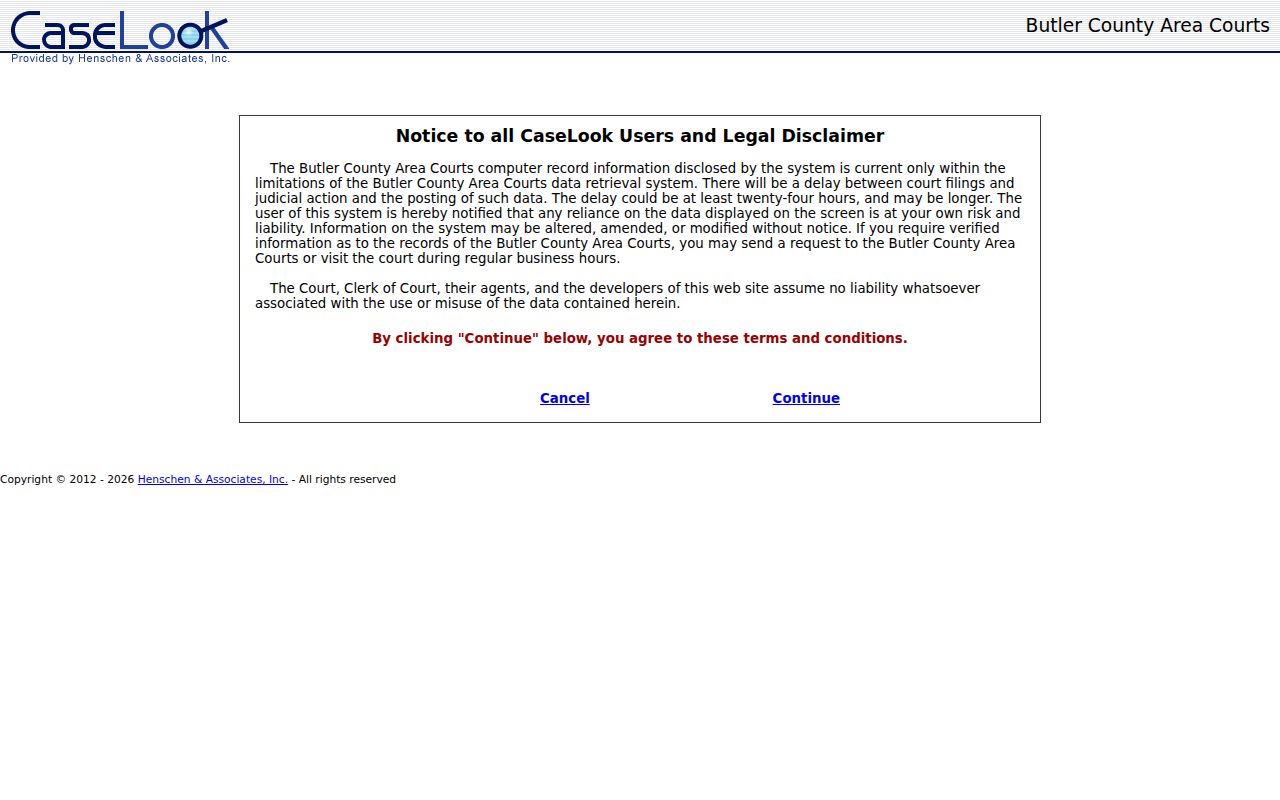 Butler County Area Courts CaseLook agreement and search entry screen