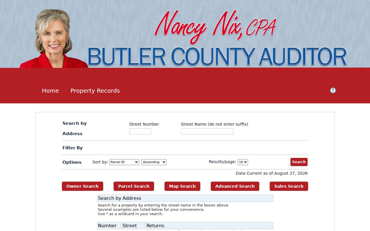 Fairfield street directory Butler County Auditor address-search fields